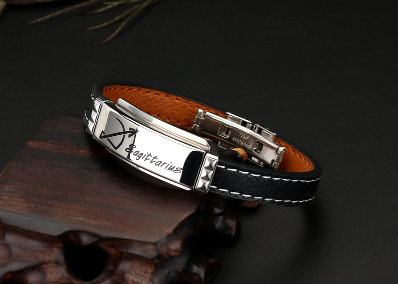 Deri ve Çelik Bileşim İsme Özel Yazılı Yay Burcu Kadın Bileklik - 2