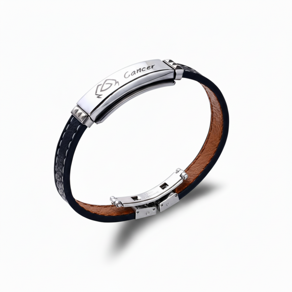 Deri ve Çelik Bileşim İsme Özel Yazılı Yengeç Burcu Erkek Bileklik - 3
