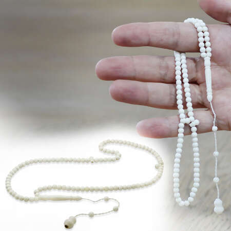 Deve Kemiği Namaz Tesbihi - Sistemli - Beyaz Renk - Mini Boy - Küre Kesim - Tesbihane