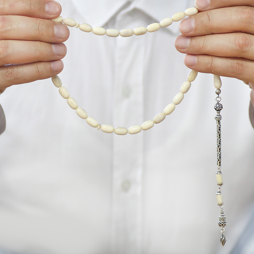 Deve Kemiği Tesbih - 925 Ayar Gümüş Kral Zincir Püsküllü - Naturel Renk - Kapsül Kesim - 3