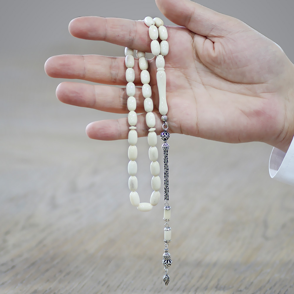 Deve Kemiği Tesbih - 925 Ayar Gümüş Kral Zincir Püsküllü - Naturel Renk - Kapsül Kesim - 2