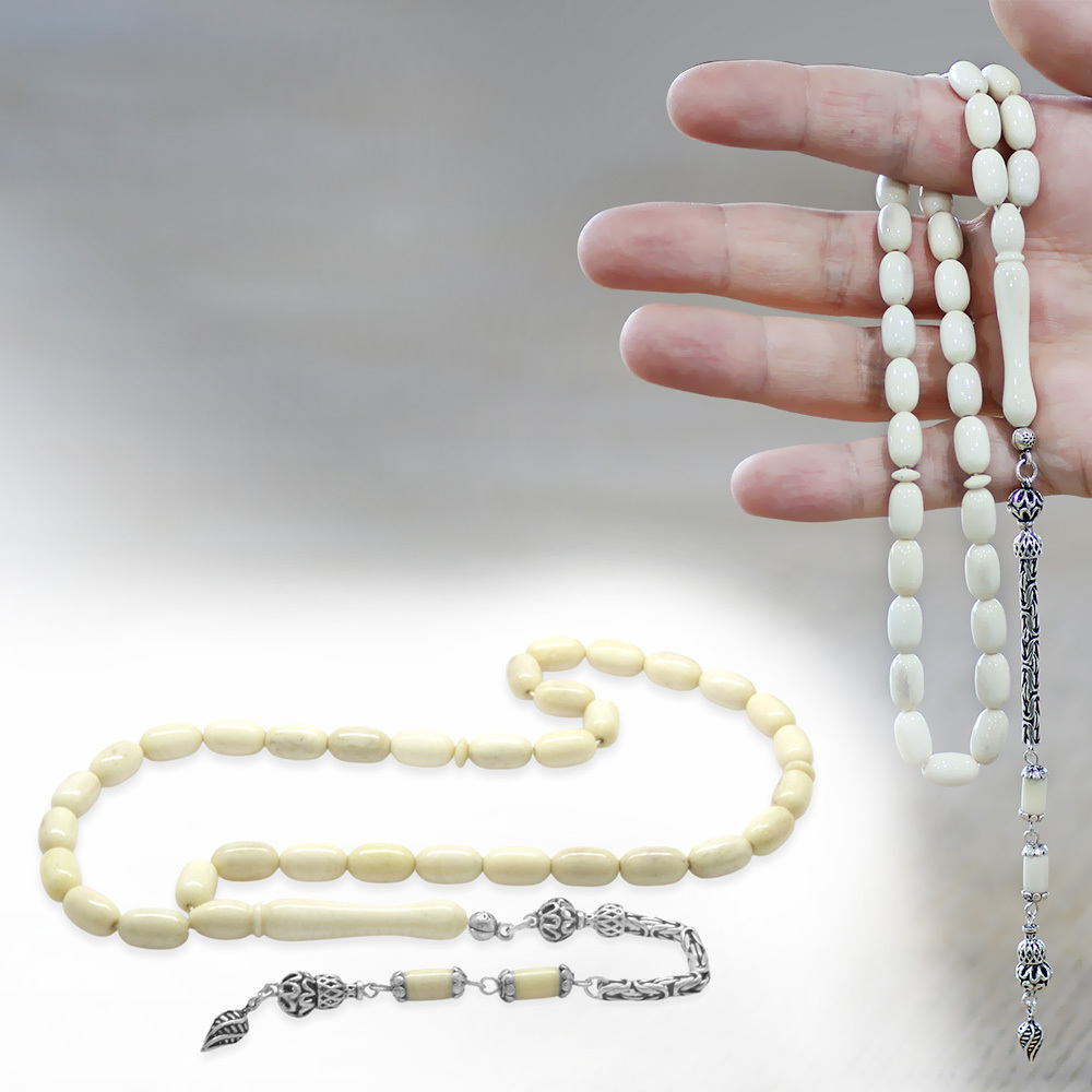 Deve Kemiği Tesbih - 925 Ayar Gümüş Kral Zincir Püsküllü - Naturel Renk - Kapsül Kesim - 1