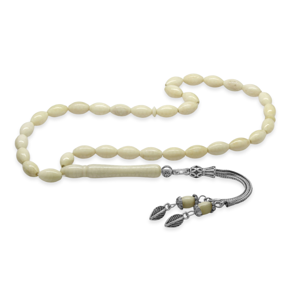 Deve Kemiği Tesbih - 925 Ayar Gümüş Püsküllü - Naturel Renk - Arpa Kesim - 4