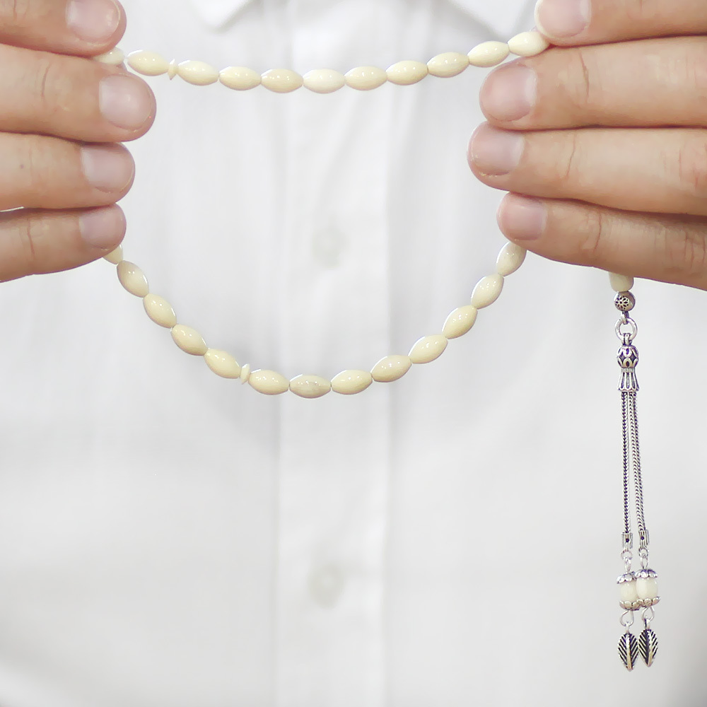 Deve Kemiği Tesbih - 925 Ayar Gümüş Püsküllü - Naturel Renk - Arpa Kesim - 3