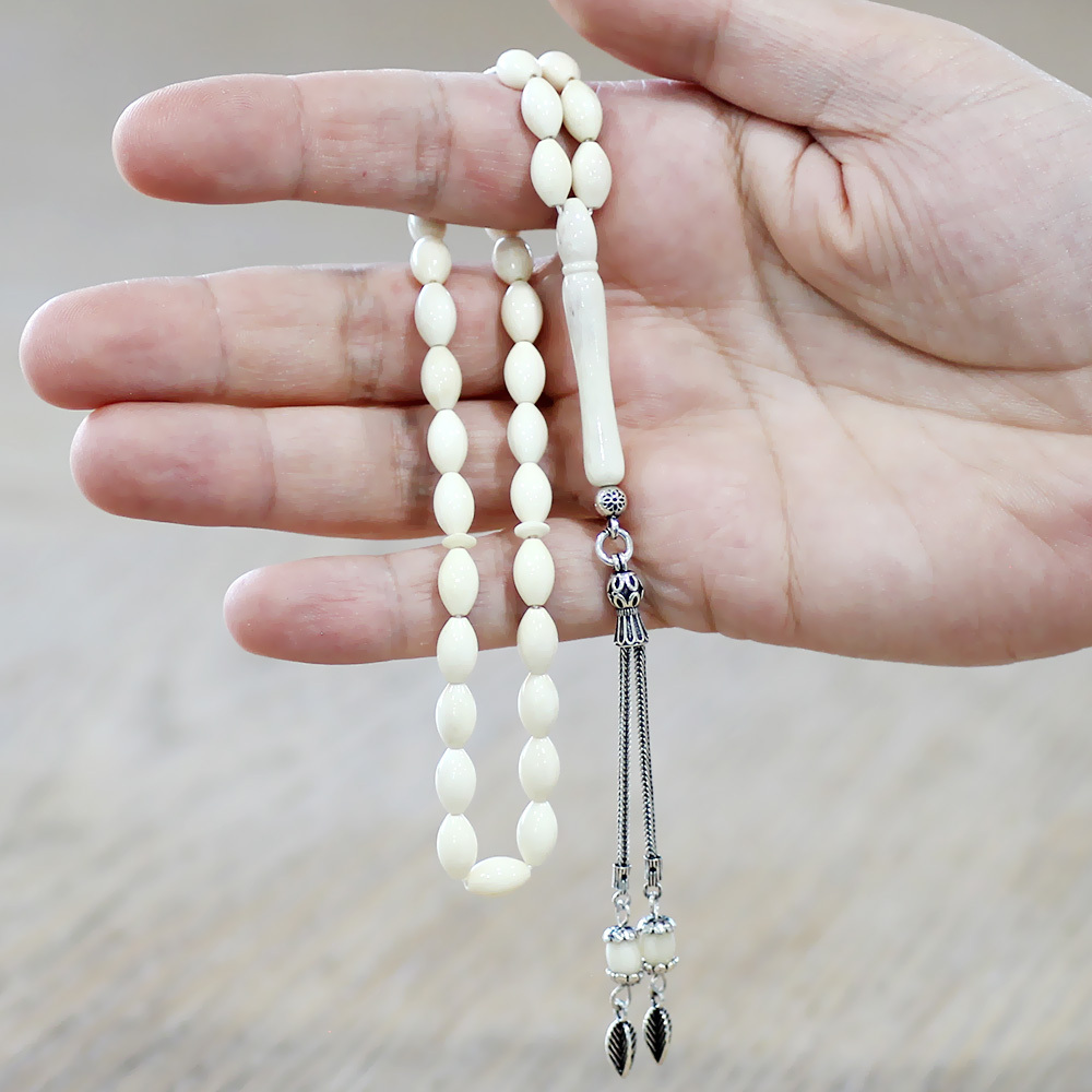 Deve Kemiği Tesbih - 925 Ayar Gümüş Püsküllü - Naturel Renk - Arpa Kesim - 2