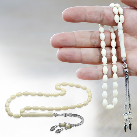 Deve Kemiği Tesbih - 925 Ayar Gümüş Püsküllü - Naturel Renk - Arpa Kesim - Tesbihane