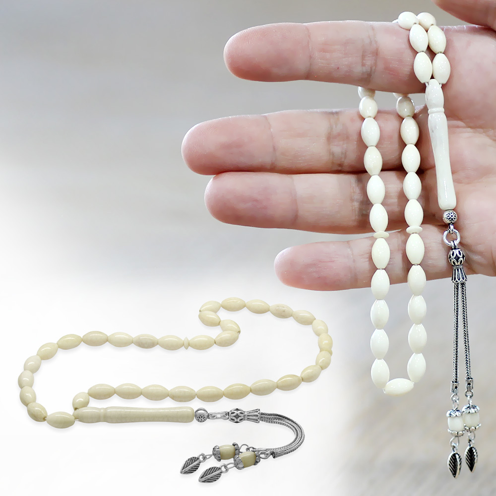 Deve Kemiği Tesbih - 925 Ayar Gümüş Püsküllü - Naturel Renk - Arpa Kesim - 1