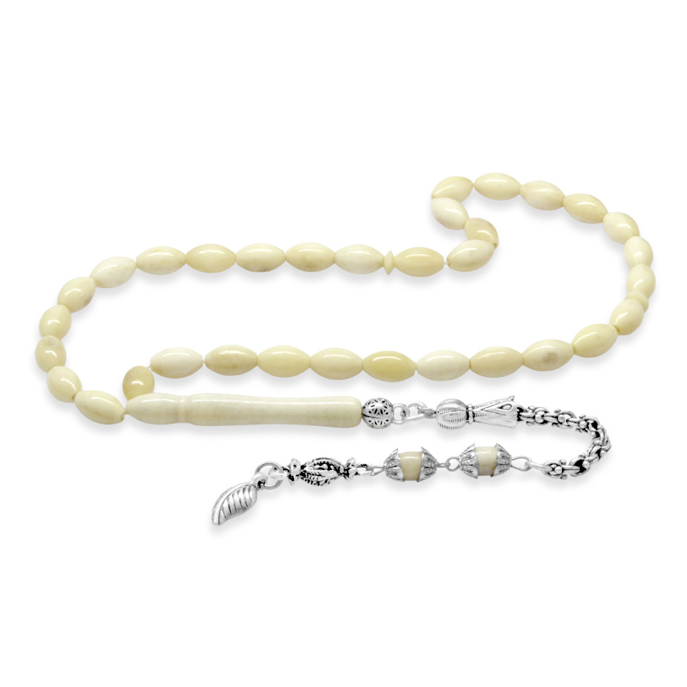 Deve Kemiği Tesbih - Kararmaz Metal Arnavut Püsküllü - Naturel Renk - Arpa Kesim - 4