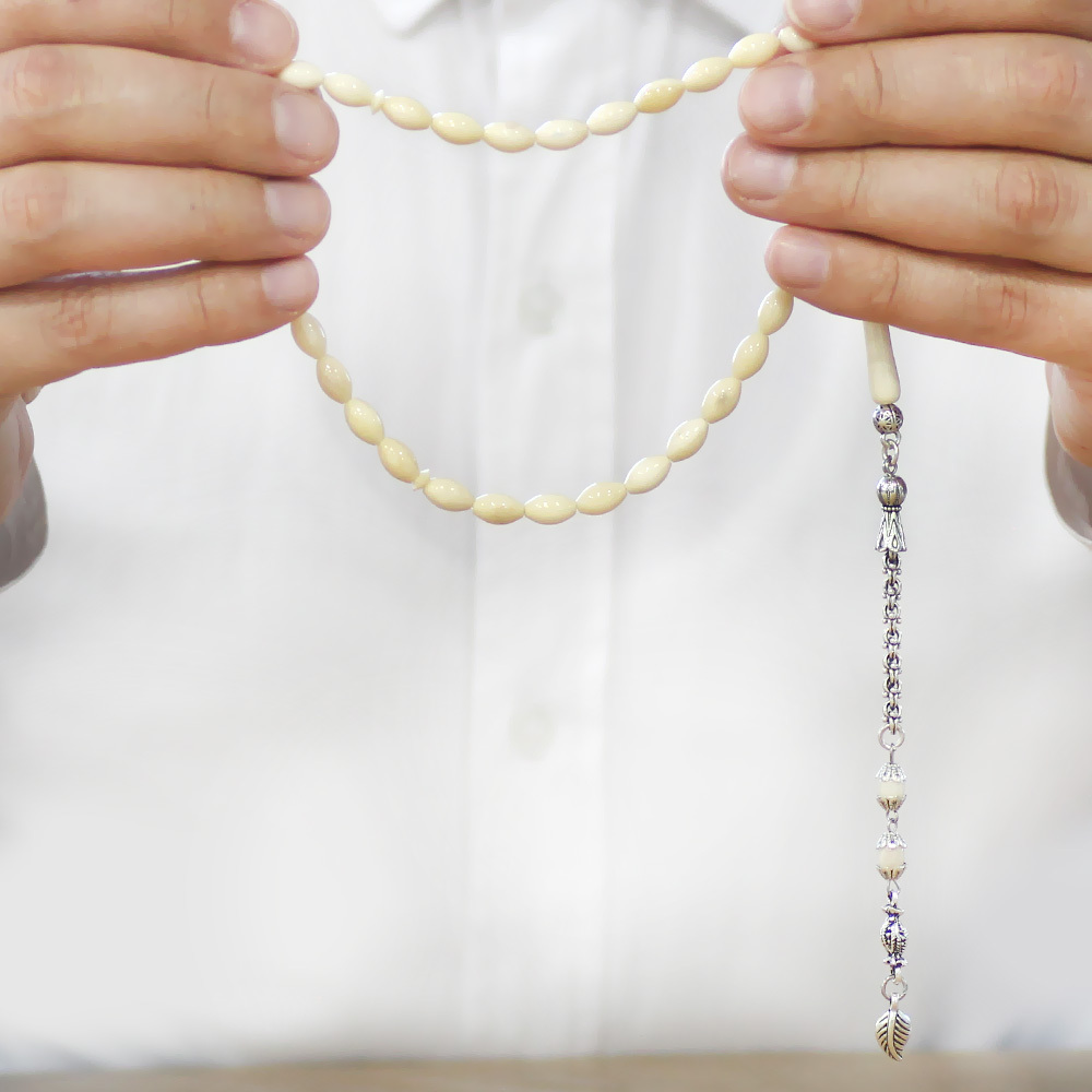 Deve Kemiği Tesbih - Kararmaz Metal Arnavut Püsküllü - Naturel Renk - Arpa Kesim - 3