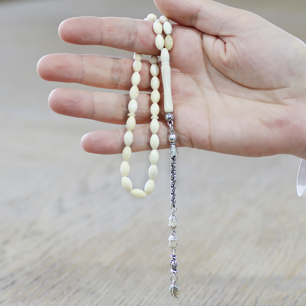 Deve Kemiği Tesbih - Kararmaz Metal Arnavut Püsküllü - Naturel Renk - Arpa Kesim - 2