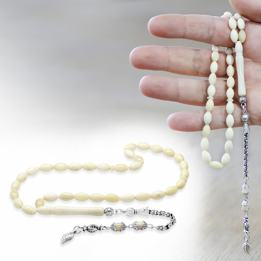 Deve Kemiği Tesbih - Kararmaz Metal Arnavut Püsküllü - Naturel Renk - Arpa Kesim - 1