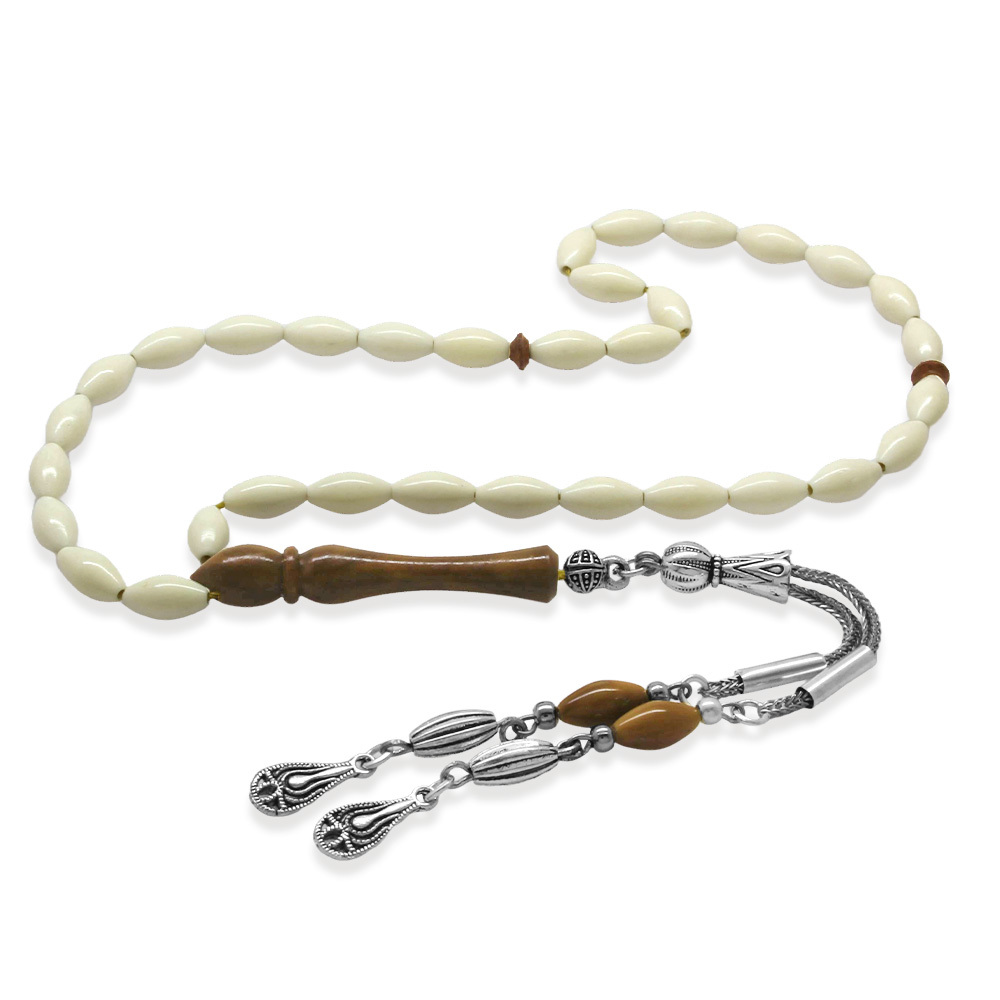 Deve Kemiği Tesbih - Kararmaz Metal Damla Püsküllü - Kuka Kombinasyonlu - Beyaz Renk - Arpa Kesim - 4