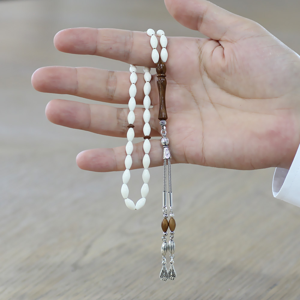 Deve Kemiği Tesbih - Kararmaz Metal Damla Püsküllü - Kuka Kombinasyonlu - Beyaz Renk - Arpa Kesim - 2