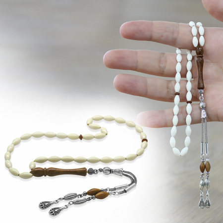 Deve Kemiği Tesbih - Kararmaz Metal Damla Püsküllü - Kuka Kombinasyonlu - Beyaz Renk - Arpa Kesim - 