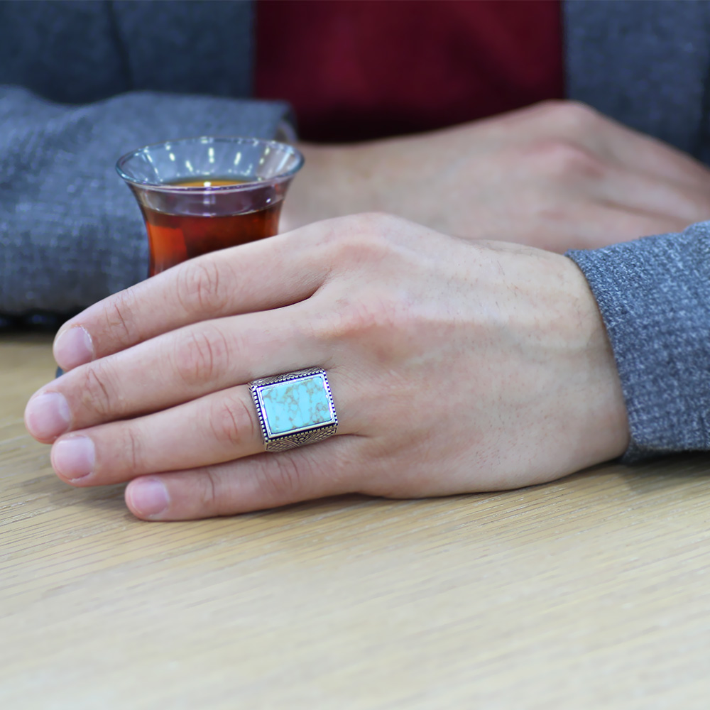 Dikdörtgen Firuze Turkuaz Taşlı İtalyan Tasarım 925 Ayar Gümüş Erkek Yüzük - 2