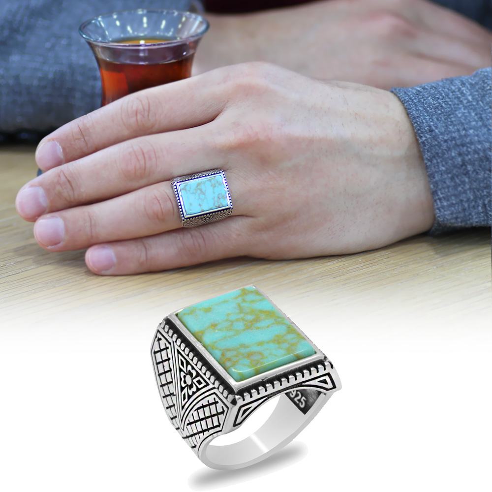 Dikdörtgen Firuze Turkuaz Taşlı İtalyan Tasarım 925 Ayar Gümüş Erkek Yüzük - 1
