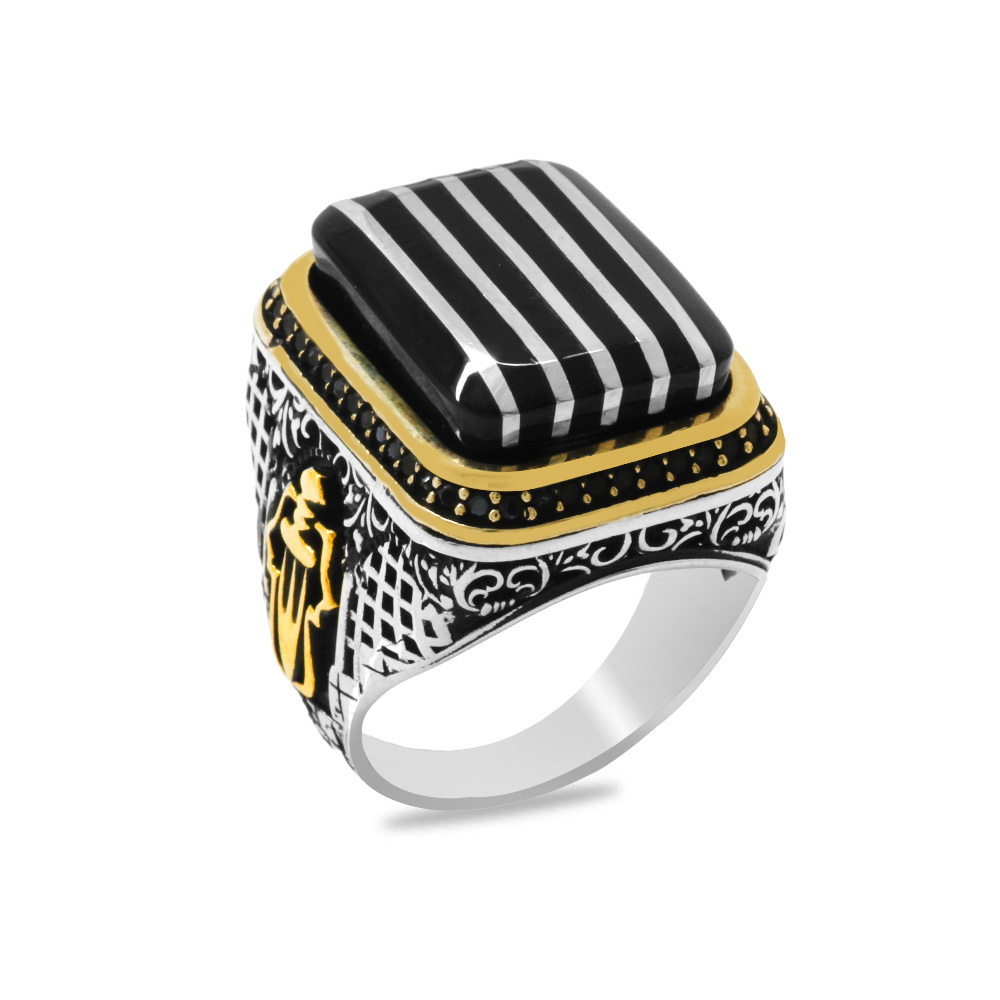 Dikdörtgen Tasarım Kenarları Zirkon Taşlıkoleksiyonluk 925 Ayar Gümüş Erzurum Oltu Taşı Erkek Yüzük - 2