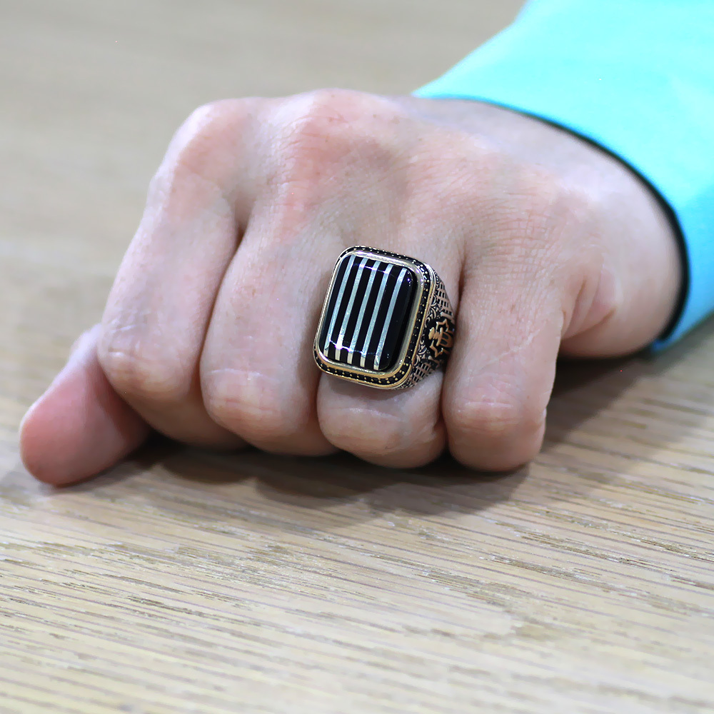 Dikdörtgen Tasarım Kenarları Zirkon Taşlıkoleksiyonluk 925 Ayar Gümüş Erzurum Oltu Taşı Erkek Yüzük - 3