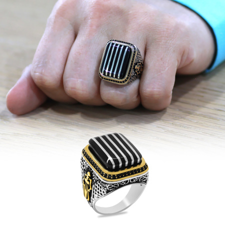 Dikdörtgen Tasarım Kenarları Zirkon Taşlıkoleksiyonluk 925 Ayar Gümüş Erzurum Oltu Taşı Erkek Yüzük - Tesbihane