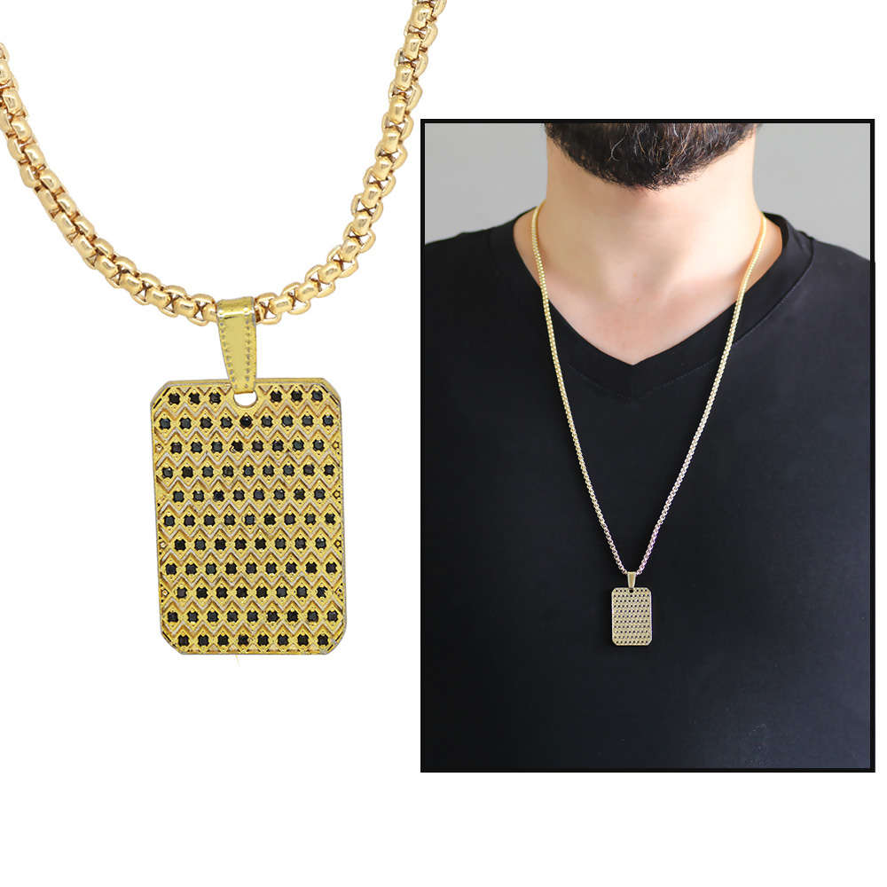 Dikdörtgen Tasarım Siyah Zirkon Taşlı Gold Renk Zincir Pirinç Kolye - 1