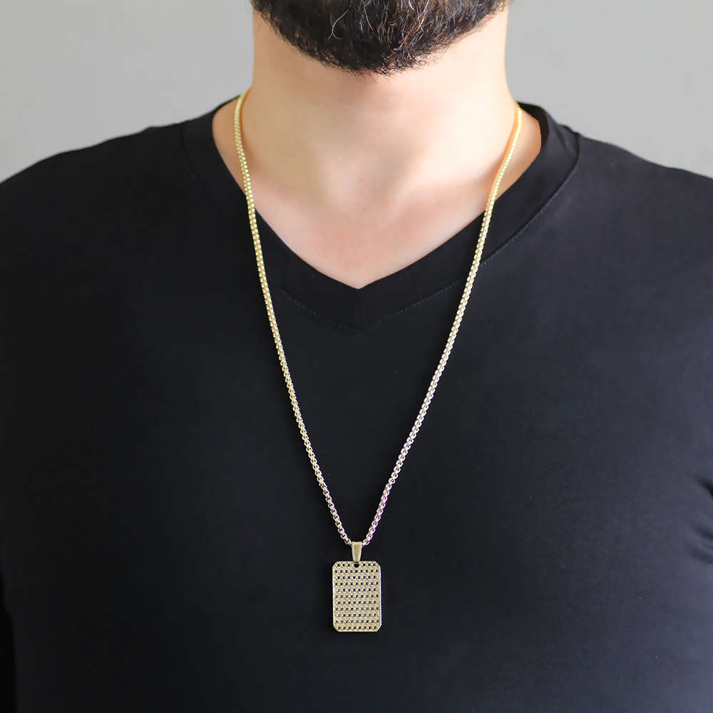 Dikdörtgen Tasarım Siyah Zirkon Taşlı Gold Renk Zincir Pirinç Kolye - 2