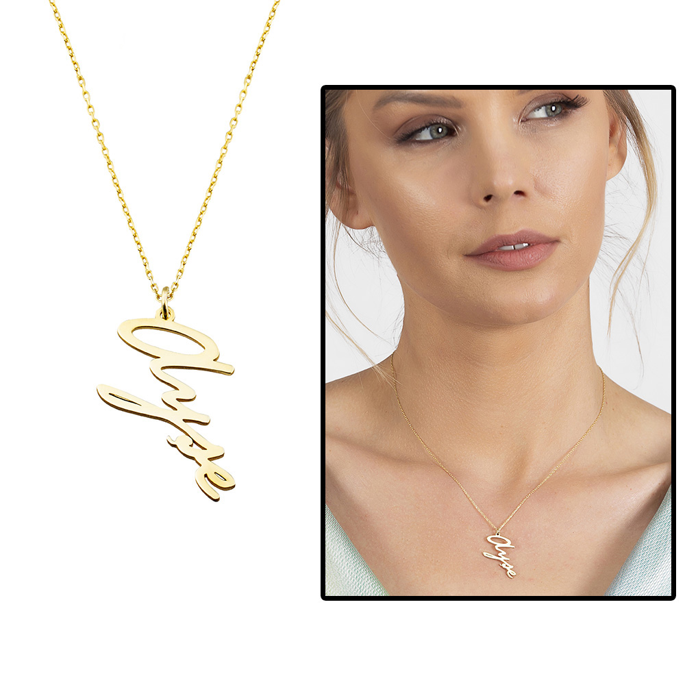 Dikey Tasarım İsme Özel Yazılı Altın Renk 925 Ayar Gümüş Bayan Kolye - 1