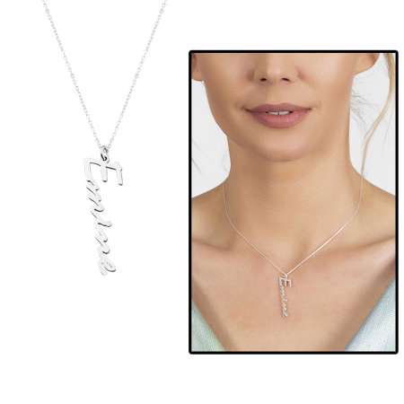 Dikey Tasarım İsme Özel Yazılı 925 Ayar Gümüş Bayan Kolye - Tesbihane