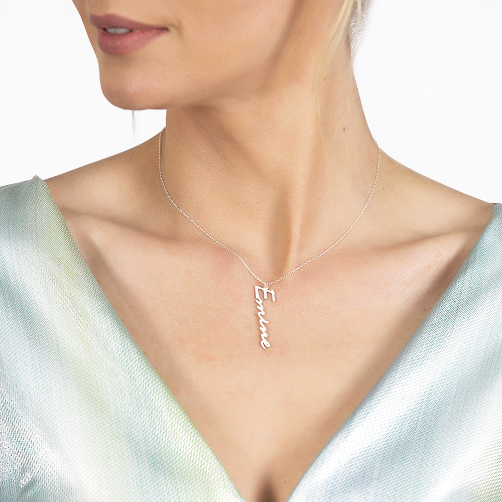 Dikey Tasarım İsme Özel Yazılı 925 Ayar Gümüş Bayan Kolye - 3