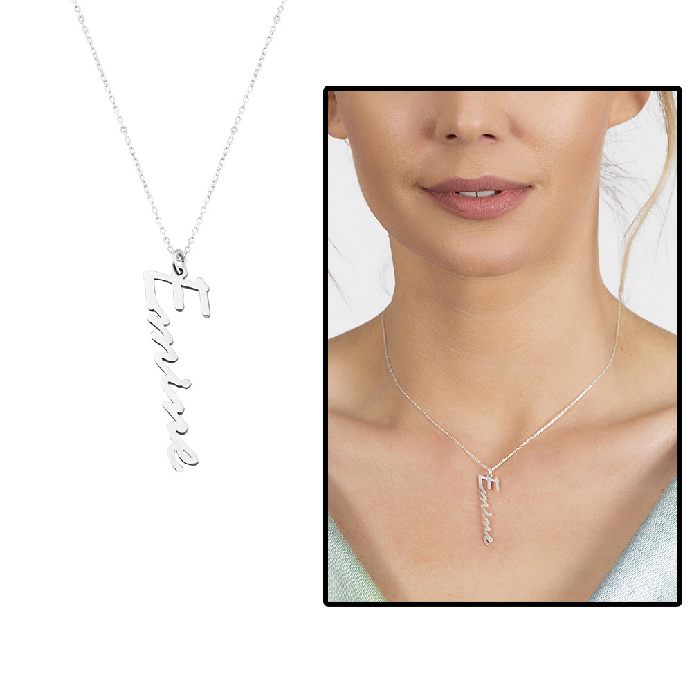 Dikey Tasarım İsme Özel Yazılı 925 Ayar Gümüş Bayan Kolye - 1