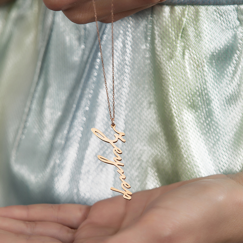 Dikey Tasarım İsme Özel Yazılı Rose Renk 925 Ayar Gümüş Bayan Kolye - 5