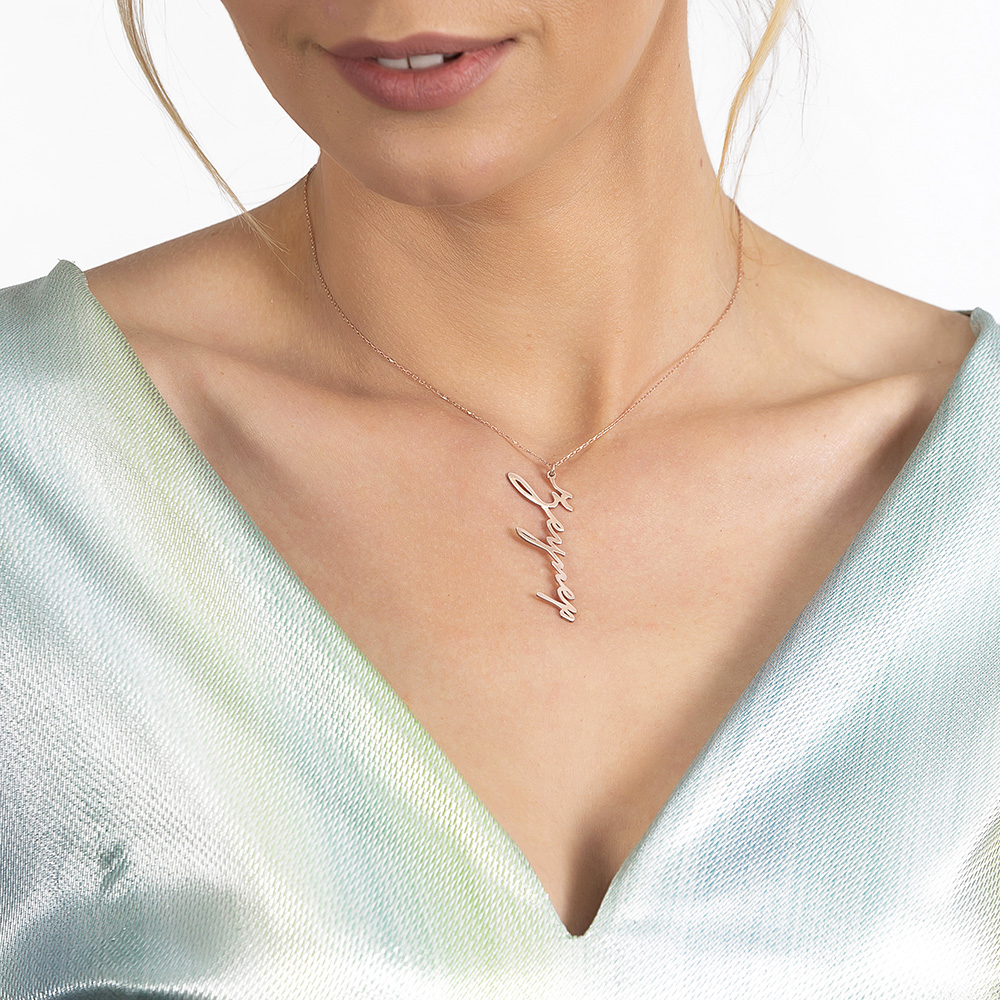 Dikey Tasarım İsme Özel Yazılı Rose Renk 925 Ayar Gümüş Bayan Kolye - 3