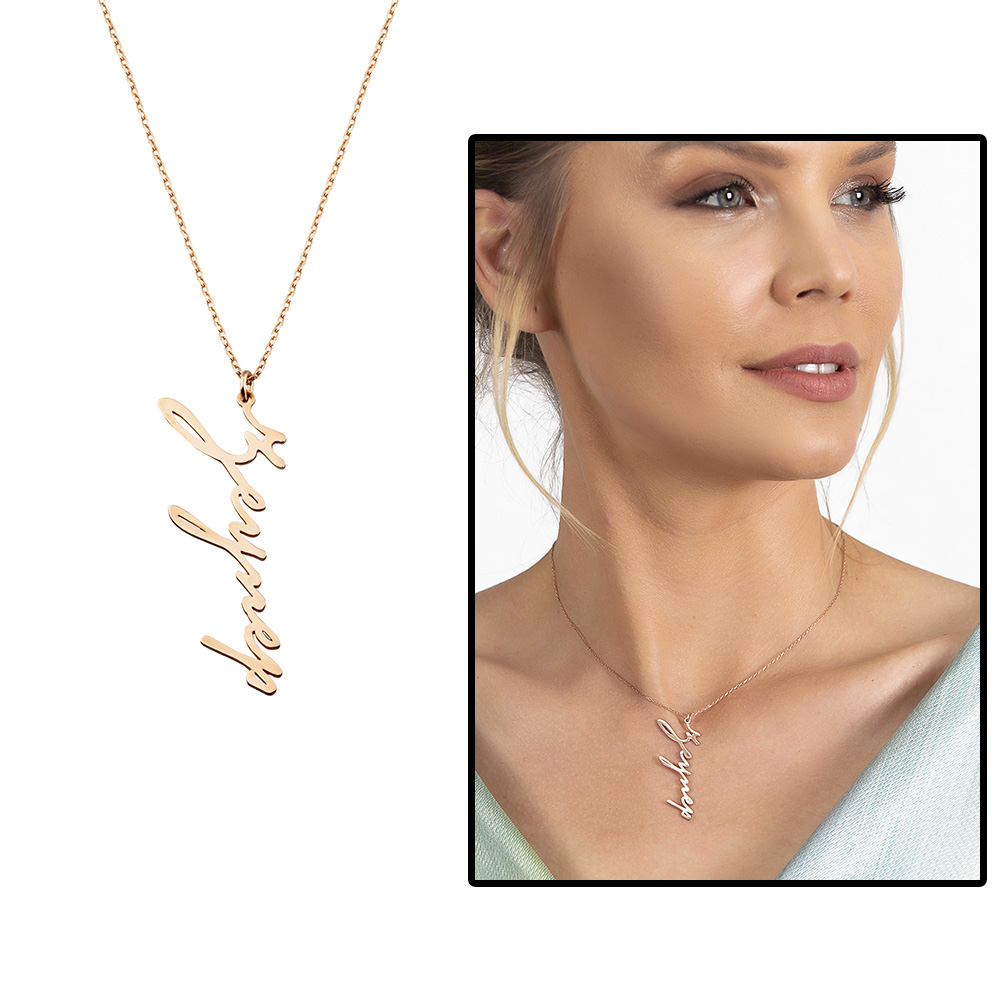 Dikey Tasarım İsme Özel Yazılı Rose Renk 925 Ayar Gümüş Bayan Kolye - 1