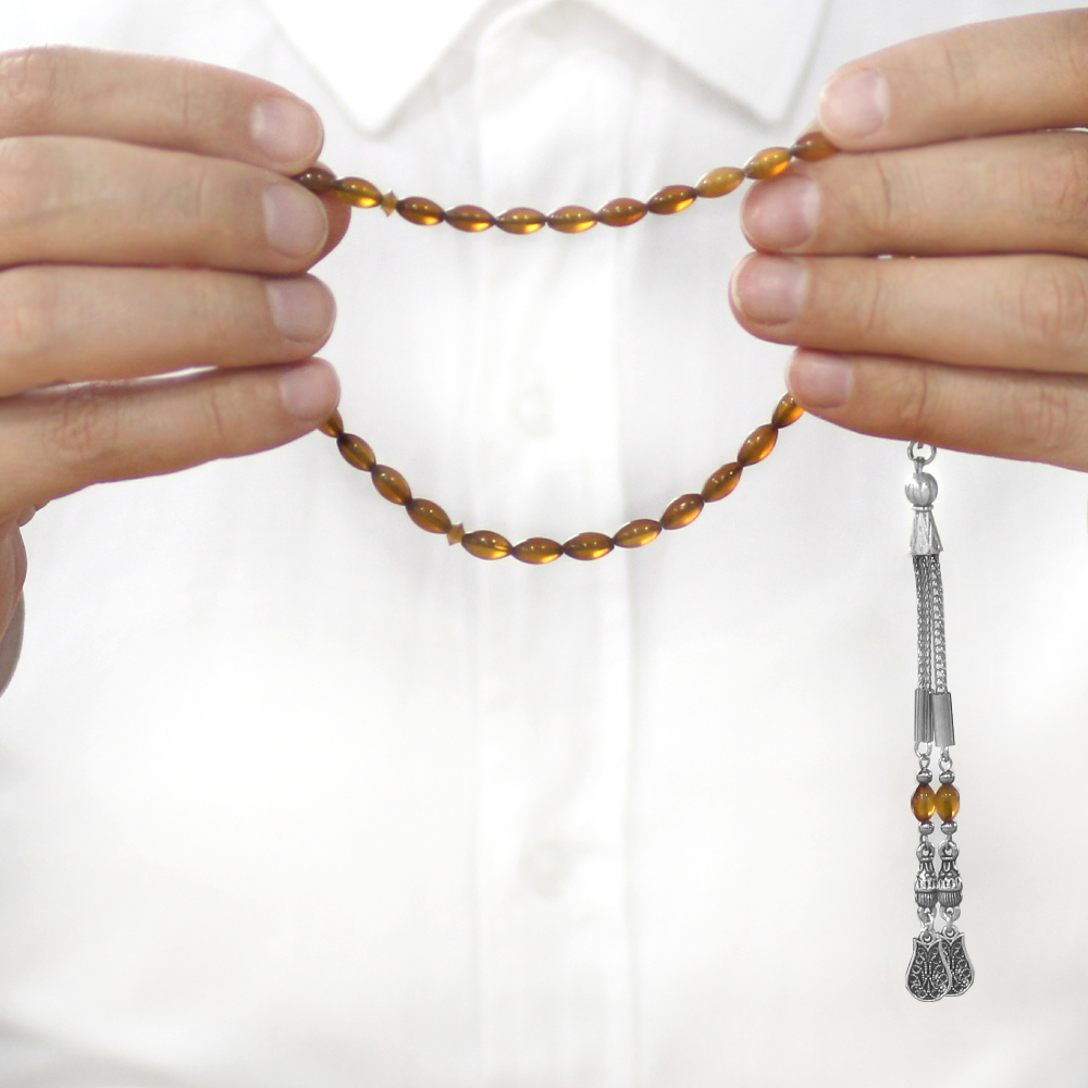 Doğal Bufalo Boynuzu Tesbih - Kararmaz Metal Lale Püsküllü - Nadir Bulunan Bal Rengi - Arpa Kesim - 3