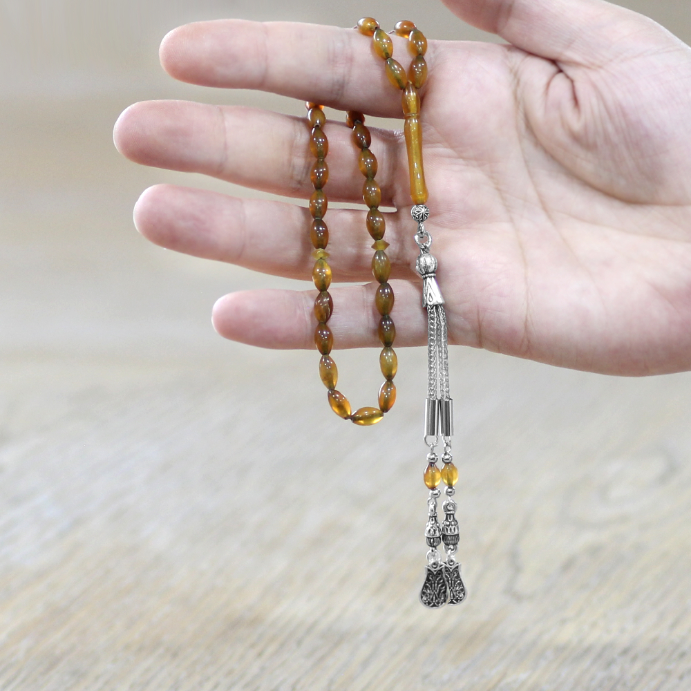 Doğal Bufalo Boynuzu Tesbih - Kararmaz Metal Lale Püsküllü - Nadir Bulunan Bal Rengi - Arpa Kesim - 2