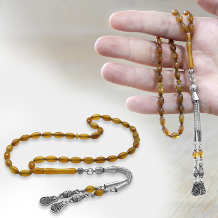 Doğal Bufalo Boynuzu Tesbih - Kararmaz Metal Lale Püsküllü - Nadir Bulunan Bal Rengi - Arpa Kesim - Tesbihane