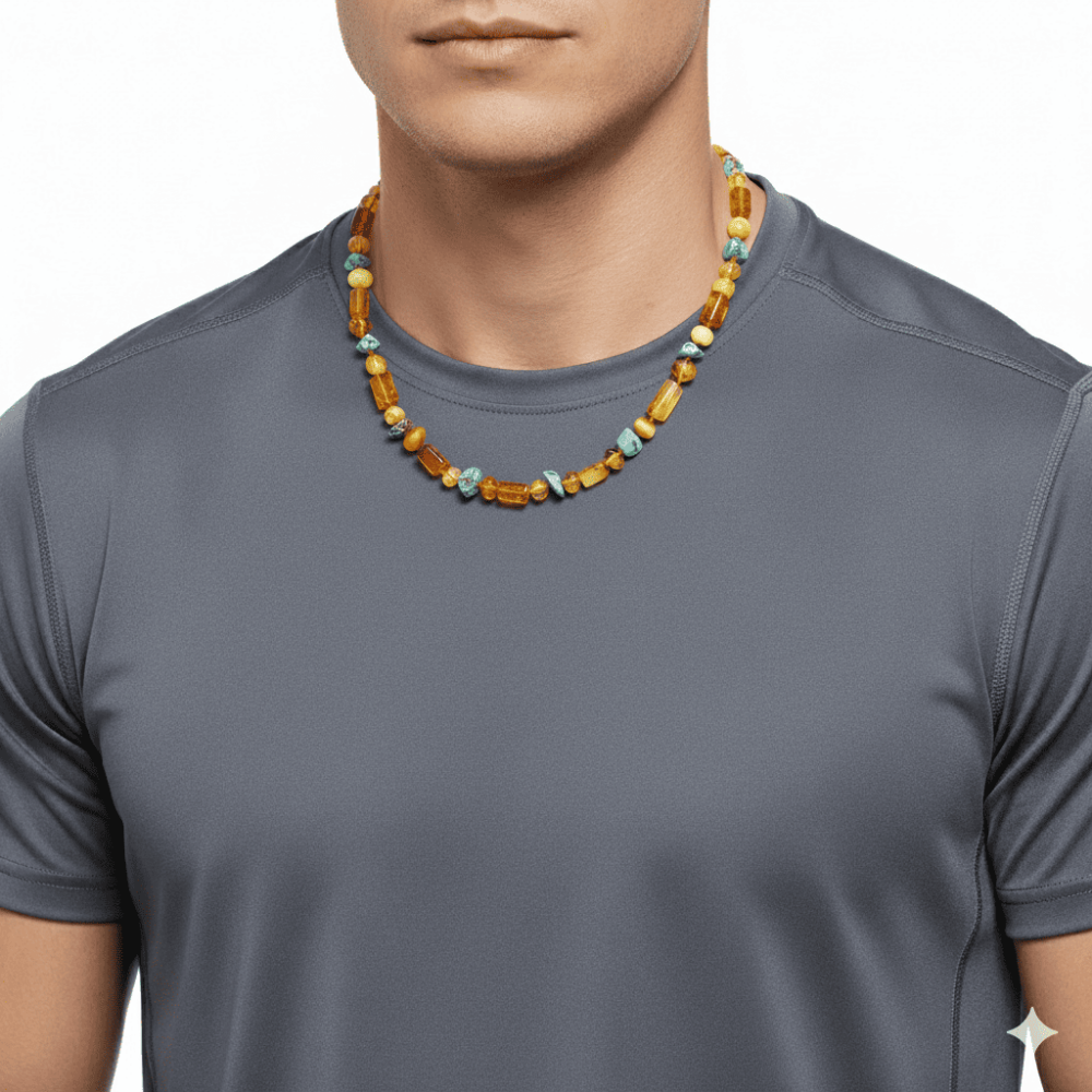 Doğal Form Bal Sarı Renkli Firuze Doğaltaş Süslemeli Hakiki Damla Kehribar Erkek Kolye - 2