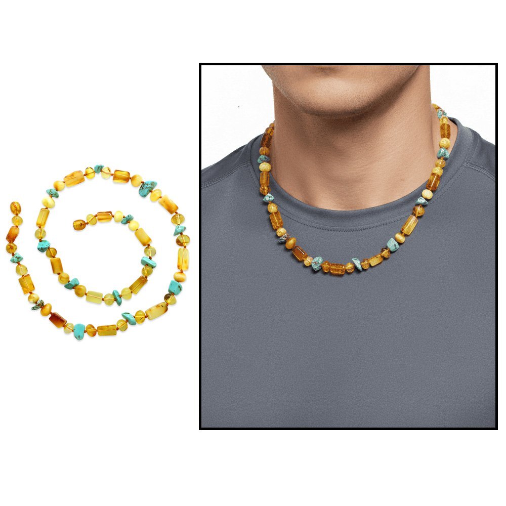 Doğal Form Bal Sarı Renkli Firuze Doğaltaş Süslemeli Hakiki Damla Kehribar Erkek Kolye - 1