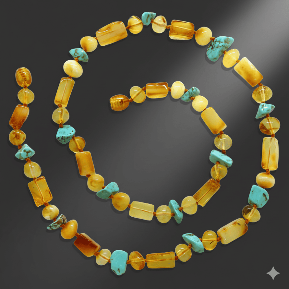 Doğal Form Bal Sarı Renkli Firuze Doğaltaş Süslemeli Doğal Damla Kehribar Erkek Kolye - 3