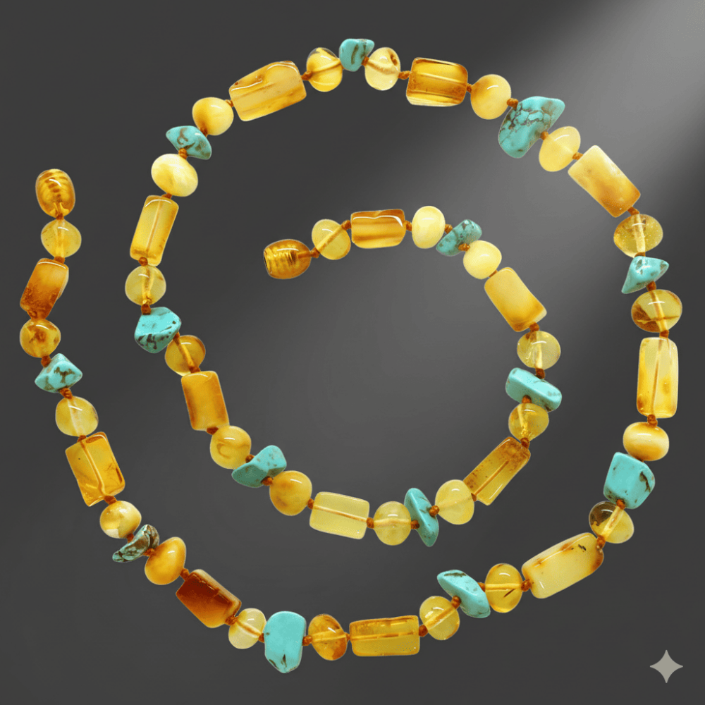 Doğal Form Bal Sarı Renkli Firuze Doğaltaş Süslemeli Hakiki Damla Kehribar Kadın Kolye - 3