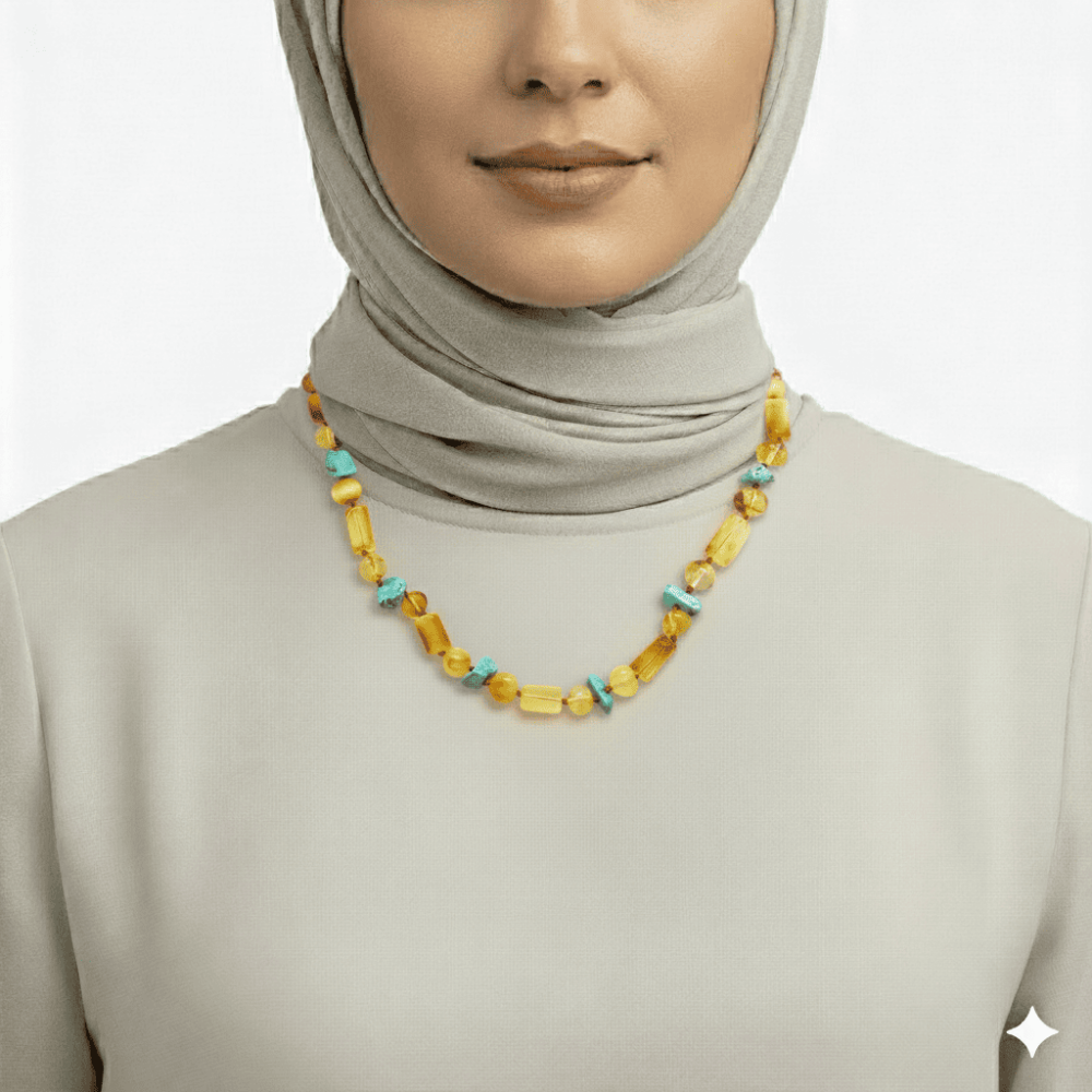 Doğal Form Bal Sarı Renkli Firuze Doğaltaş Süslemeli Hakiki Damla Kehribar Kadın Kolye - 2