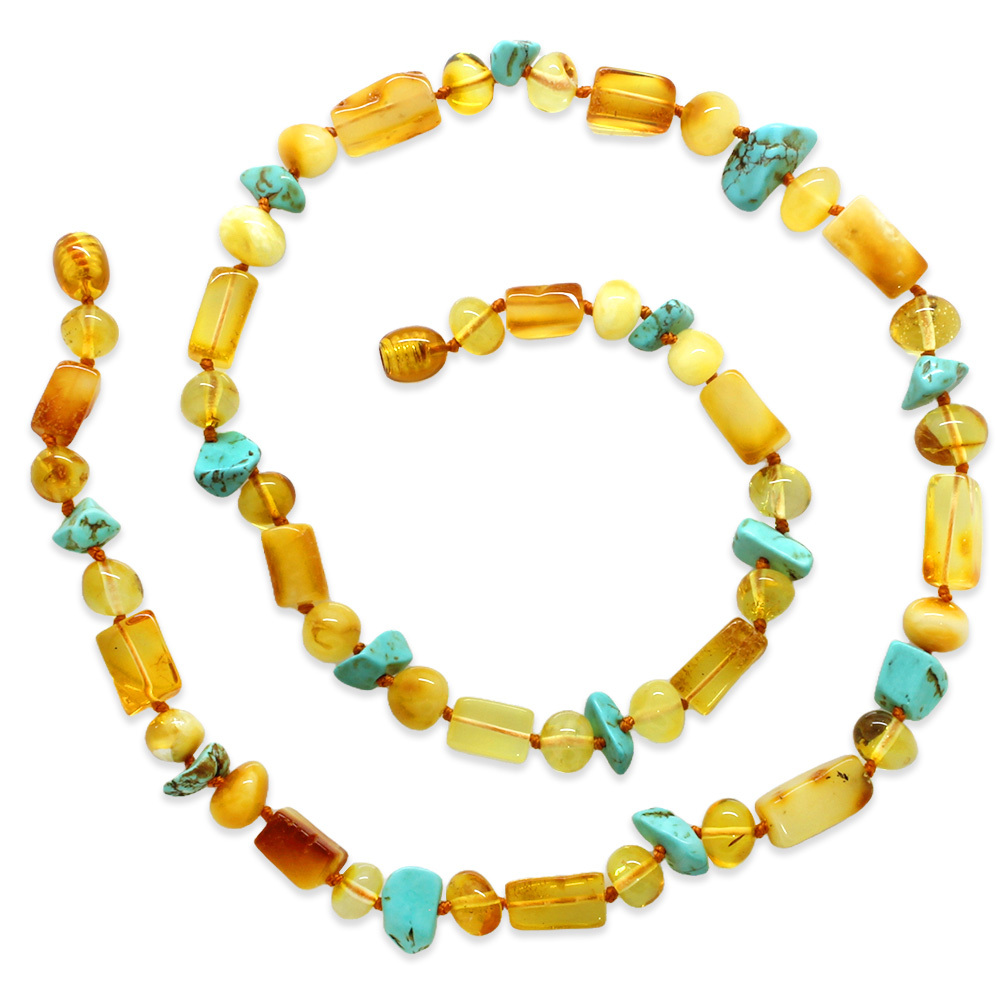 Doğal Form Bal Sarı Renkli Firuze Doğaltaş Süslemeli Hakiki Damla Kehribar Kadın Kolye - 4