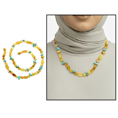 Doğal Form Bal Sarı Renkli Firuze Doğaltaş Süslemeli Doğal Damla Kehribar Kadın Kolye - Tesbihane