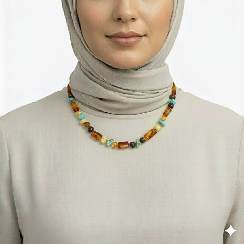 Doğal Form Çok Renkli Firuze Doğaltaş Süslemeli Hakiki Damla Kehribar Kadın Kolye - 2