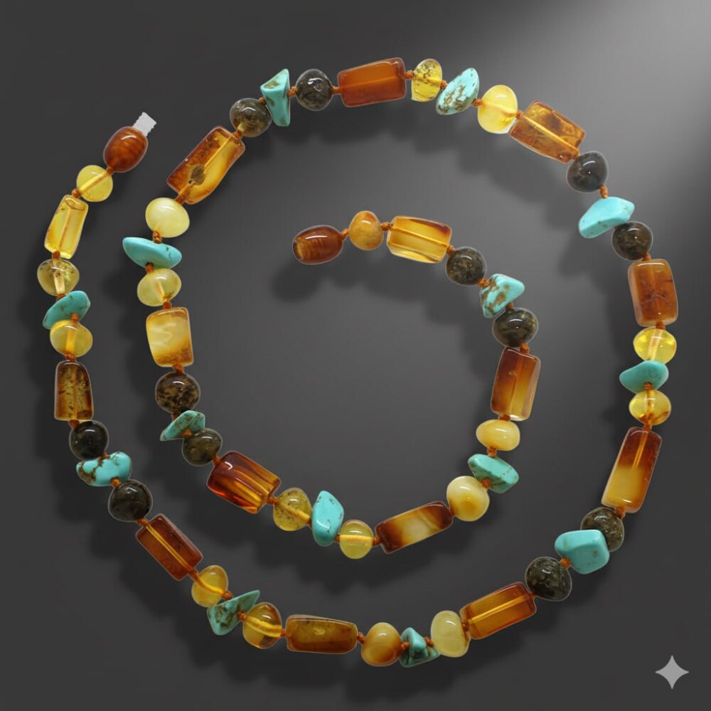 Doğal Form Çok Renkli Firuze Doğaltaş Süslemeli Hakiki Damla Kehribar Kadın Kolye - 3