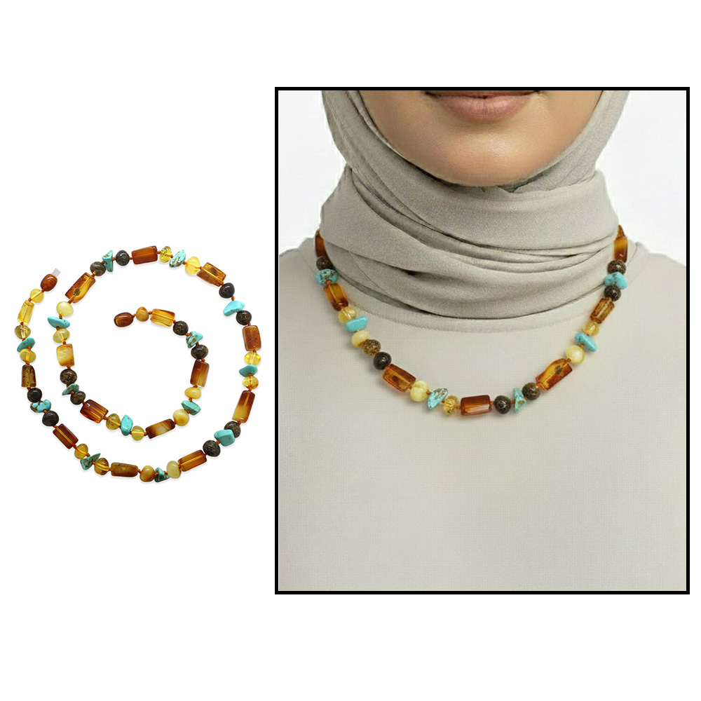 Doğal Form Çok Renkli Firuze Doğaltaş Süslemeli Hakiki Damla Kehribar Kadın Kolye - 1