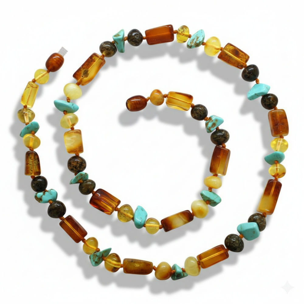 Doğal Form Çok Renkli Firuze Doğaltaş Süslemeli Hakiki Damla Kehribar Kadın Kolye - 4