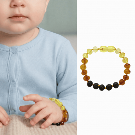 Gökkuşağı Rengi Doğal Damla Kehribar Bebek Bileklik - Tesbihane