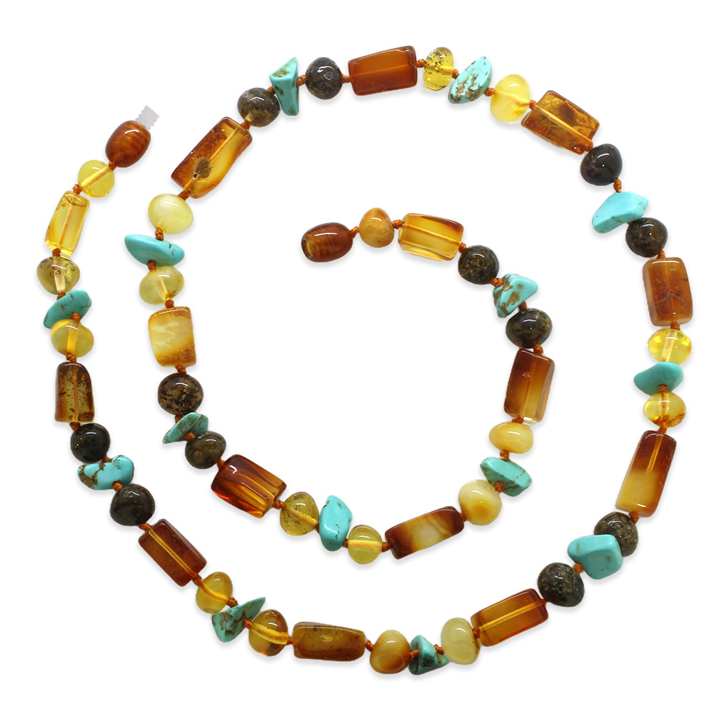 Doğal Form Çok Renkli Firuze Doğaltaş Süslemeli Hakiki Damla Kehribar Erkek Kolye - 4