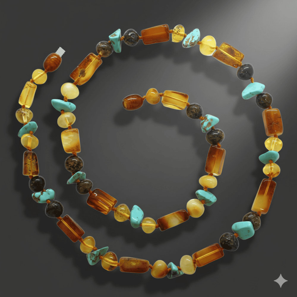 Doğal Form Çok Renkli Firuze Doğaltaş Süslemeli Doğal Damla Kehribar Erkek Kolye - 3