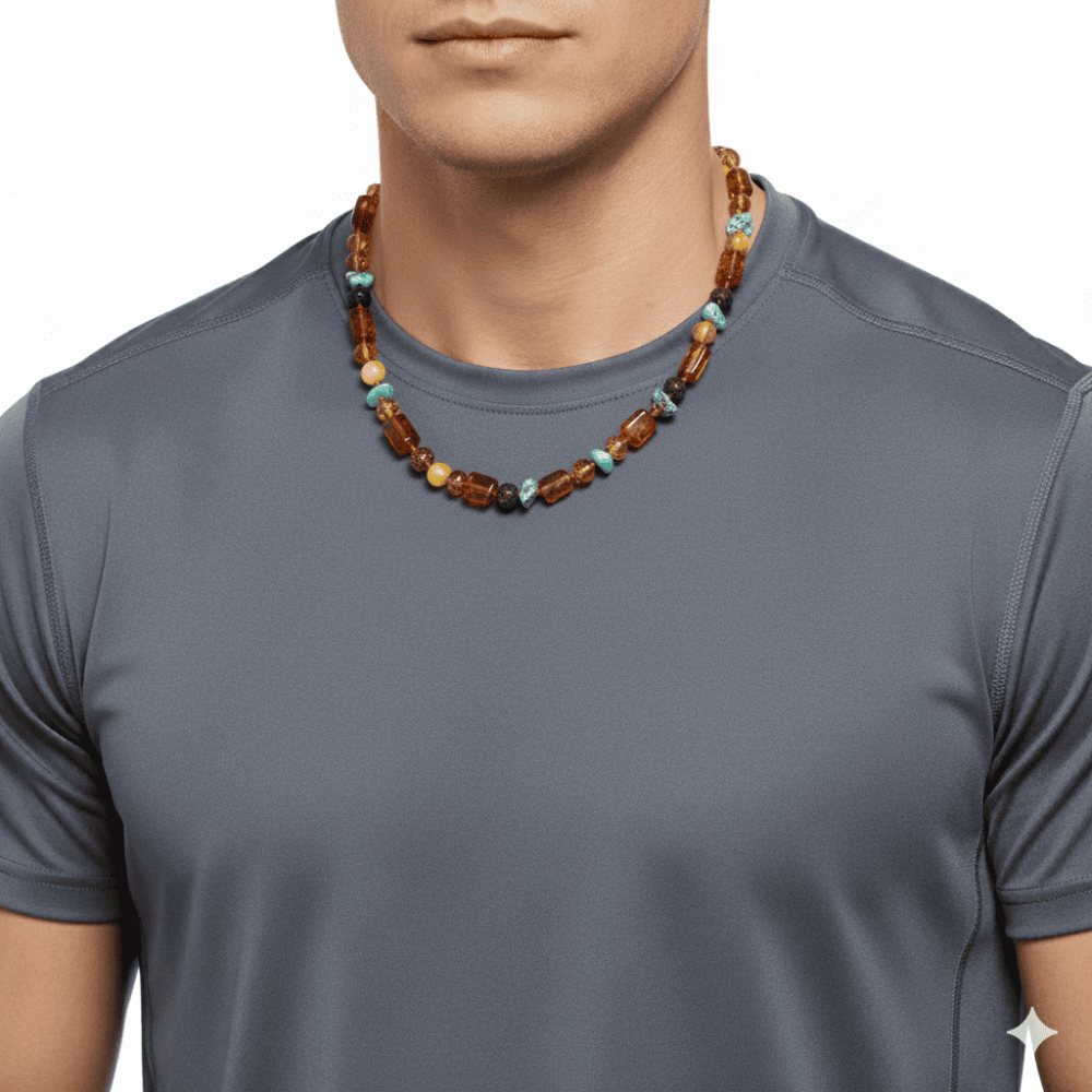 Doğal Form Çok Renkli Firuze Doğaltaş Süslemeli Doğal Damla Kehribar Erkek Kolye - 2